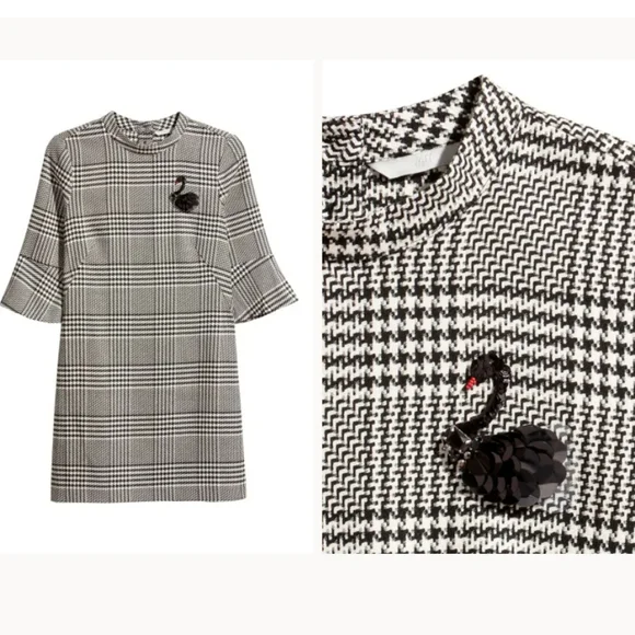 H&M Retro Style Black & White Houndstooth Sequinned Swan Brooch Sheath Dress - Picture 6 of 12